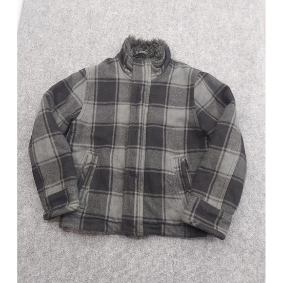 American Eagle Jacket Coat Medium Black Gray Plaid Full Zip Wool Quilted Lined - Picture 1 of 10